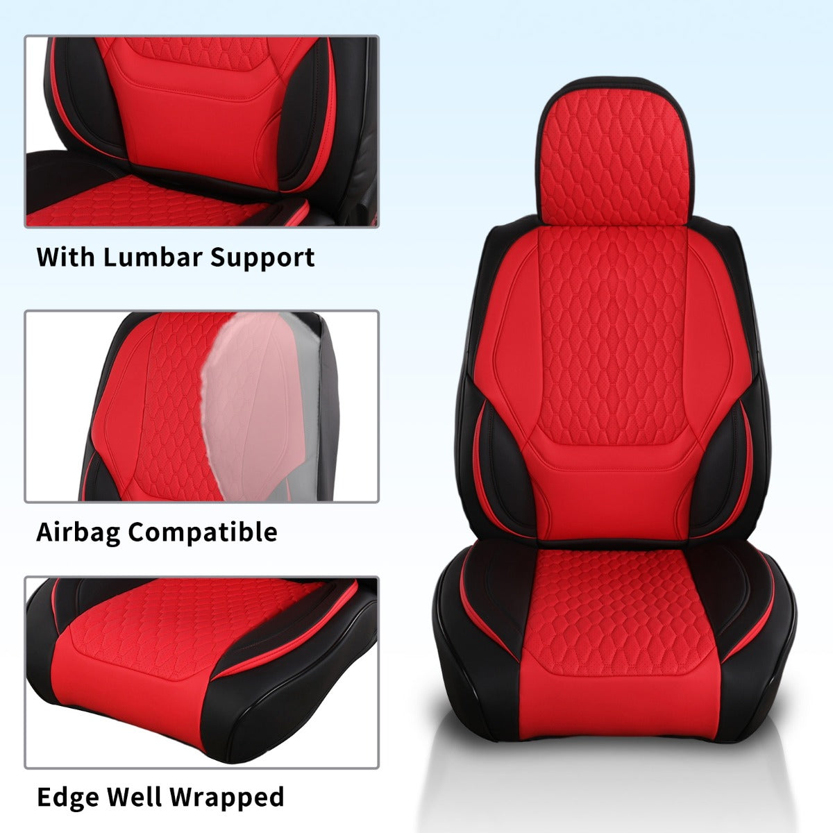 Red and black car seat covers with features highlighted on a light blue background