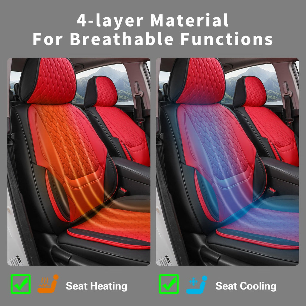 Promotional graphic showing two car seat covers in red and black, with heat and cool airflow graphics indicating seat heating and seat cooling. Text at the top reads '4-layer Material For Breathable Functions' and icons at the bottom label the features.